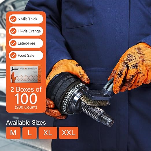1st Choice 6 mil Orange Gloves, Disposable, Latex Free, Raised Diamond Grip, Mechanic Glove for Men, XXLarge, 2 Boxes of 100