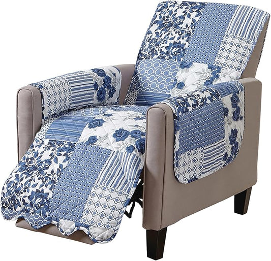 Great Bay Home Reversible Patchwork Recliner Chair Cover - Washable Slipcover Furniture Protector with Elastic Straps - Couch Cover for Dogs, Kids, and Pets - Box-Stitched Detail (Recliner, Navy)