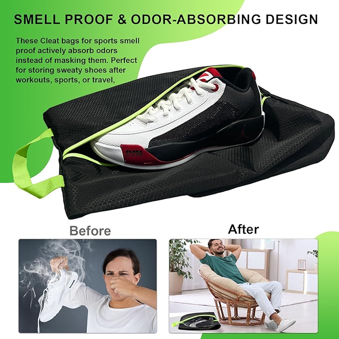 Smell Proof Shoe Bags for Travel & Sports,Odor-Absorbing Cleat Bags,Water-Resistant Shoe Organizer for Gym, Soccer, Golf,Tennis (Fits US Size 14, Lightweight & Durable)