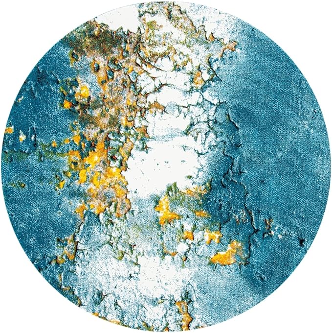 SAFAVIEH Glacier Collection Area Rug - 4' Round, Blue & Gold, Modern Abstract Design, Non-Shedding & Easy Care, Ideal for High Traffic Areas in Living Room, Bedroom (GLA125M)