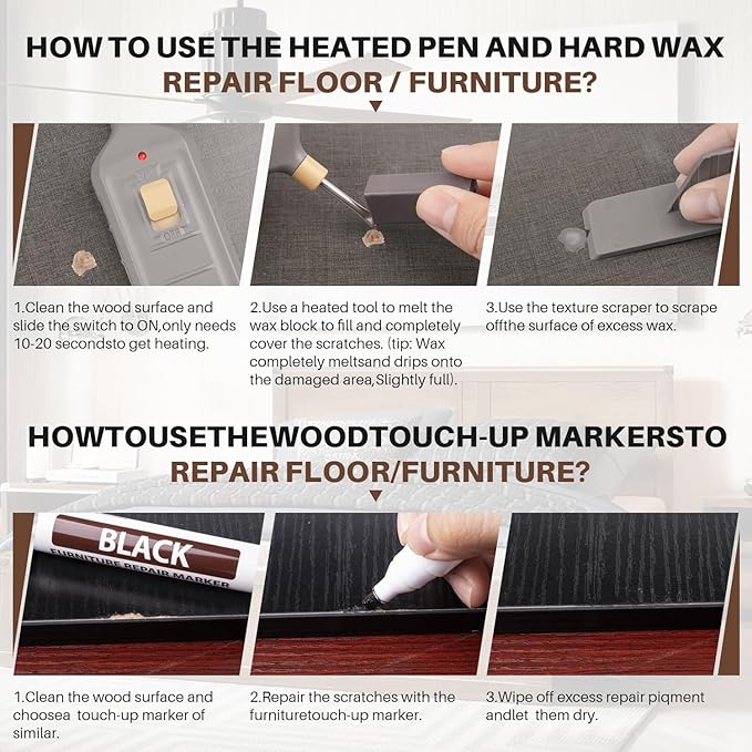 6 Colors Laminate Floor Wax with Wood Furniture Touch Up Marker，Vinyl Laminate Hardwood Floor Repair Kit, Professional Restore Any Scratches, Stains, Cracks, Hole for Floor, Door, Cabinet