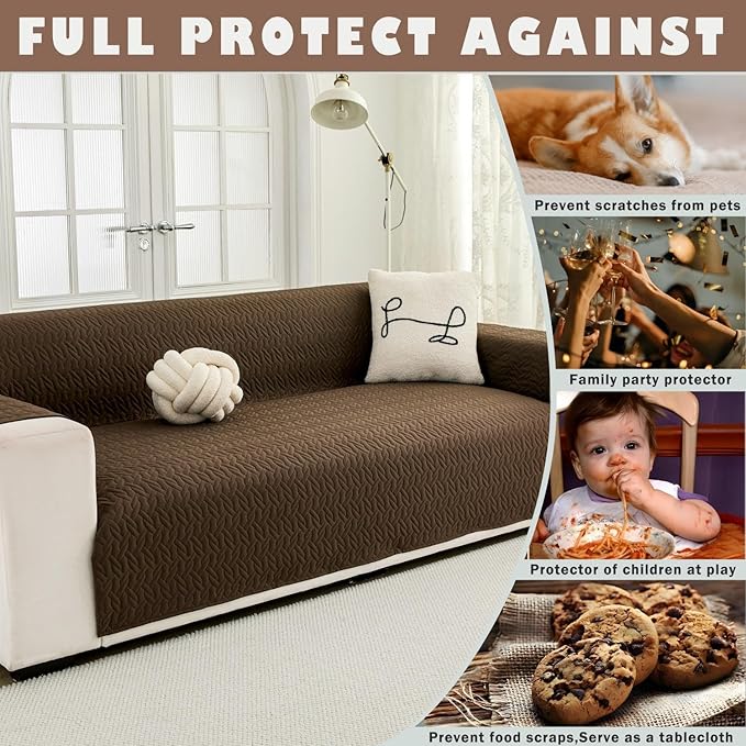 Cmfshape Skidproof Sofa Cover-Geometrical Couch Slipcover with Elastic Straps-Easy Fit Slip Cover-Washable Furniture Protector for Pets and Kids(Sofa66,Coffee)