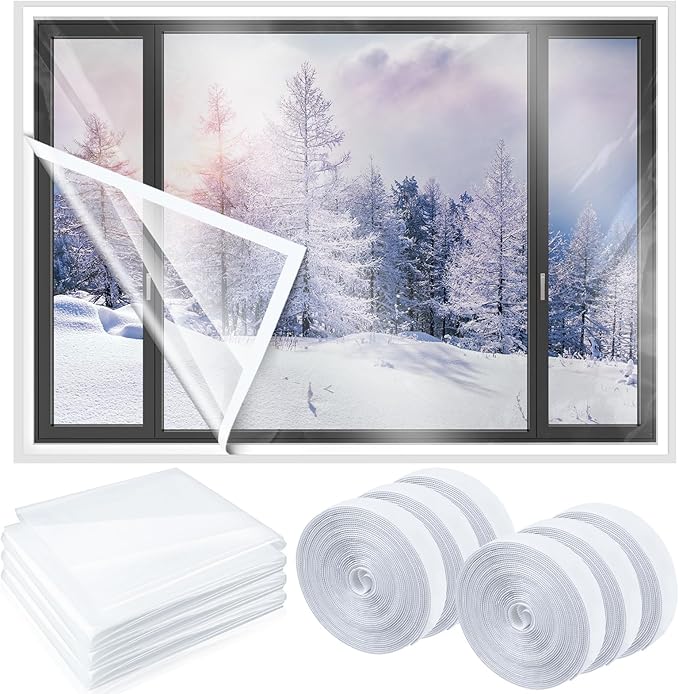 3 Sets 63 x 63 Inch Window Insulation Kit Cuttable Transparent Film with Adhesive Straps Reusable Window Plastic for Patio Winterizing Thicken Warm Winter Waterproof Attic Insulation Cover
