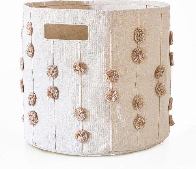 MakeMake Organics Storage Bins for Kids Nursery Bin Organizer (13"x12") Laundry Basket for Closet, Decorative Floor Storage Basket Canvas Fabric Storage Basket (Pompom - Taupe)