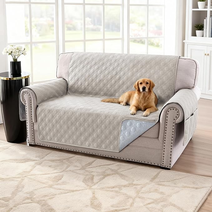 H.VERSAILTEX 100% Waterproof Sofa Cover 2 Cushion Couch Thick Durable Couch Covers for Dogs Triple Non-Slip Furniture Protector Cover with Elastic Straps for Pet Cat(Loveseat, French Oak)