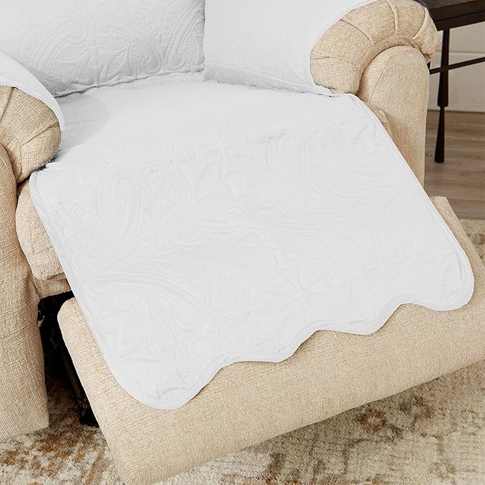Reversible Recliner Chair Cover - Washable Slipcover Furniture Protector with Elastic Straps - Furniture Cover for Dogs, Kids, and Pets - Quilted & Stitched Detail (Recliner, White / Sand)