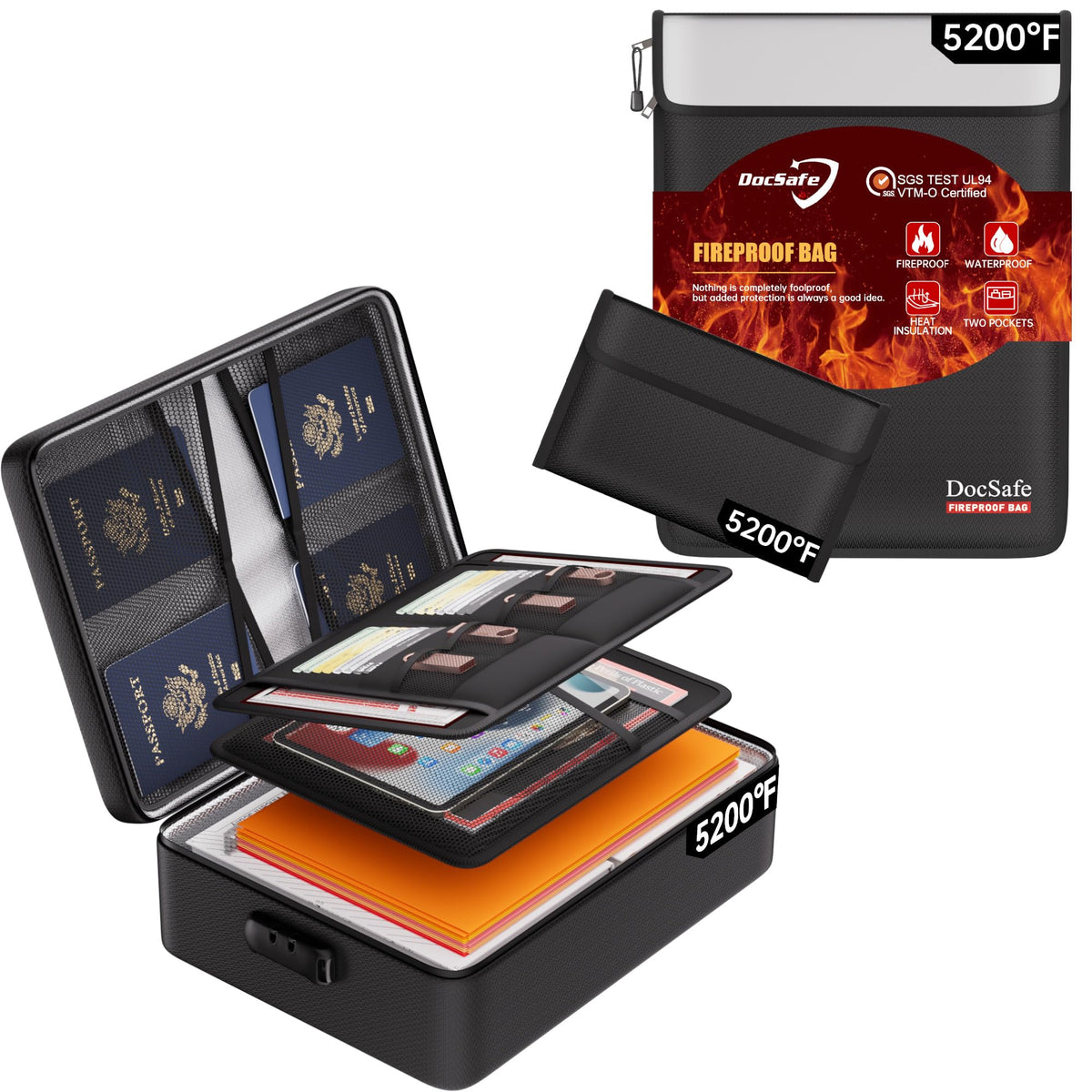 DocSafe Fireproof Document Bag Set(5200℉),Black - Image 1