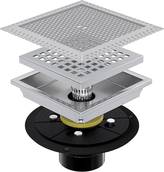 6 Inch Brushed Nickel Square Shower Drain with Flange,Modern Floor Drain with Quadrato Pattern Grate Removable,SUS 304 Stainless Steel