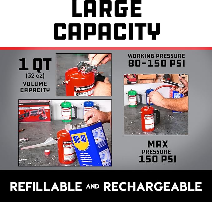 Powerbuilt 1 Quart Refillable Non-Aerosol Pressurized Sprayer for Oil, Lubricants, Degreasers - 32oz Canister with Brass Nozzles & Stainless-Steel Corrosion Resistant Inner Lining (Red) - 643090ECE