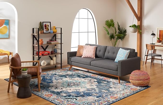 SAFAVIEH Monaco Collection Area Rug - 8' Round, Navy & Light Blue, Non-Shedding & Easy to Clean, Distressed Medallion Design, Ideal for Living Room, Bedroom, Dining Space (MNC243N)