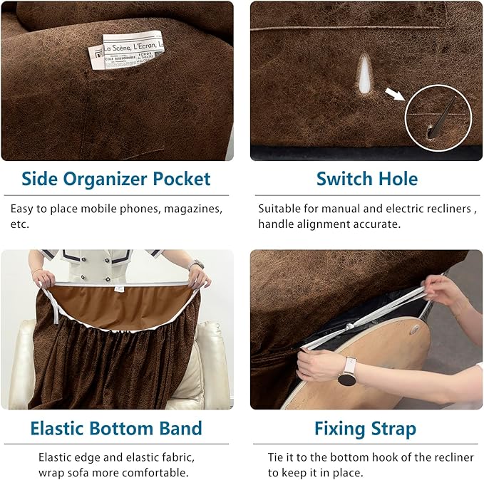 Chair Covers 4-Pieces Recliner Chair Covers 1 Seater Cover for Recliner Chair Leather Look Recliner Slipcovers with Pockets Spandex Fabric Furniture Covers(Recliner, Brown)