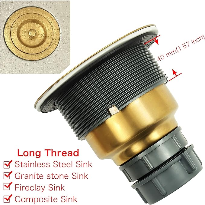 Gold Kitchen Sink Drain Assembly,Gold Sink Strainer with Removable Deep Waste Basket,Fit for Kitchen Sinks with Opening Size 3 1/2"