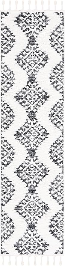 SAFAVIEH Moroccan Tassel Shag Collection Runner Rug - 2'3" x 8', Dark Grey & Ivory, Non-Shedding & Easy Care, 2-inch Thick Ideal for High Traffic Areas in Living Room, Bedroom (MTS652H)