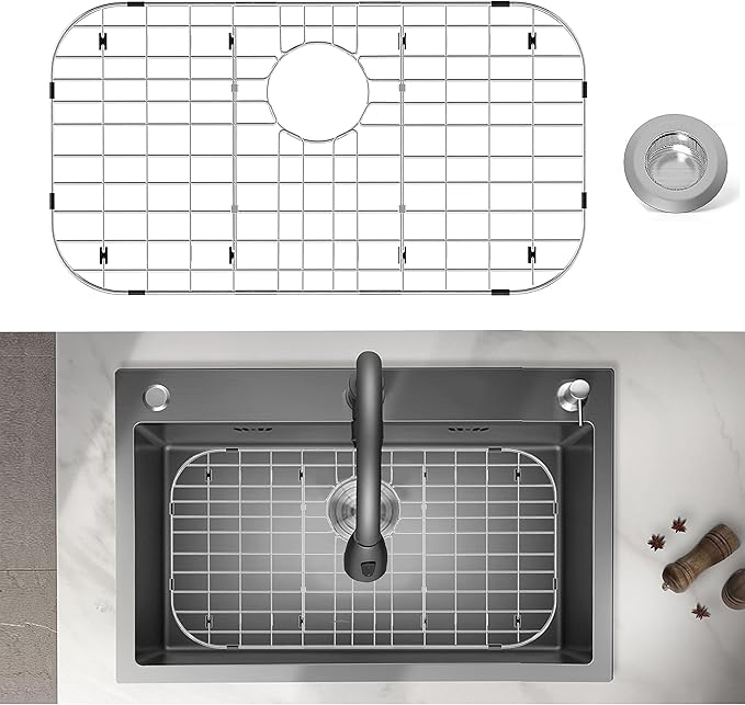Stainless Steel Sink Protector 26"x14" with Rear Drain, Metal Sink Rack for Bottom of Sink, Kitchen Sink Grate and Sink Protectors with Sink Strainer (26" x 14" - Rear Drain)