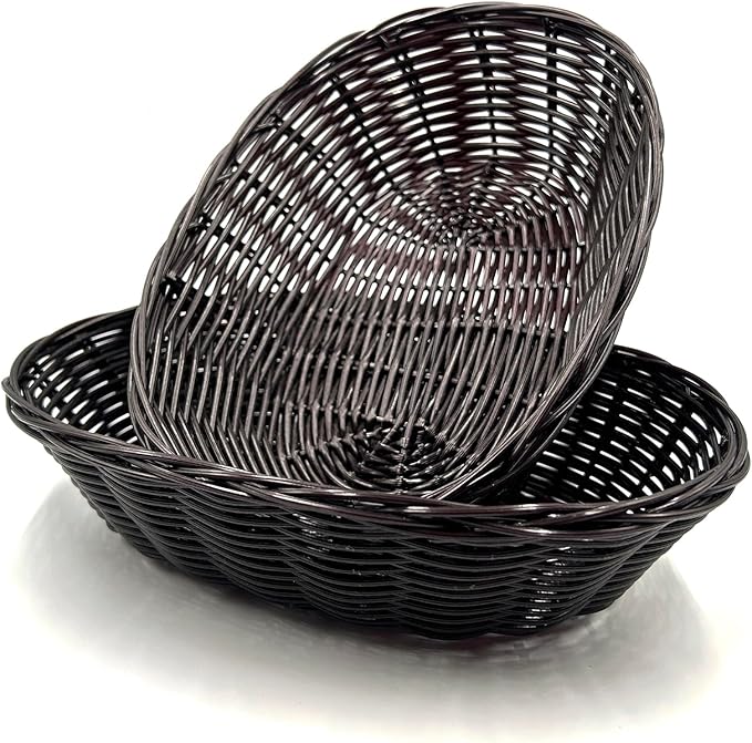 Cheardia 12 Pack Plastic Oval Basket, 8.6 X 6.3 X 2.1 Inch Woven Bread Baskets for Serving Small Empty Gift Baskets, Imitation Rattan Basket for Kitchen Restaurant Centerpiece Display - Dark Brown