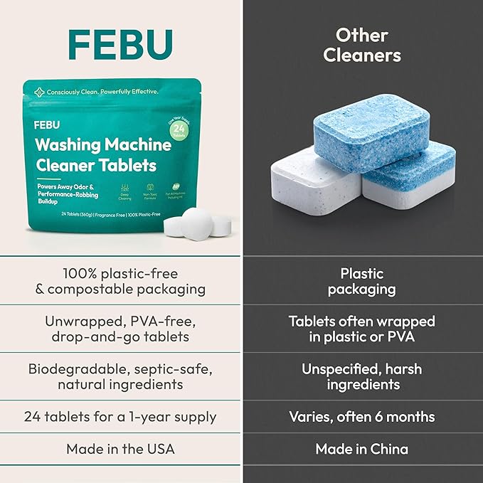 FEBU Bundle and Save 15% Washing Machine Cleaner Tablets + Dishwasher Cleaner Tablets Bundle | Made in USA with 7-8 All Natural, Plant-Based Ingredients | 24 Tablets - 12 Months Supply