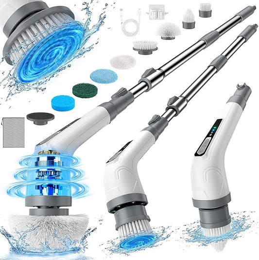 Electric Spin Scrubber, Cordless Bathroom Cleaning Brush for Home, 420PRM Shower Scrubber with 8 Replaceable Head, 3 Speeds, Adjustable Long Handle for Bathroom, Bathtub, Car, Kitchens- Grey