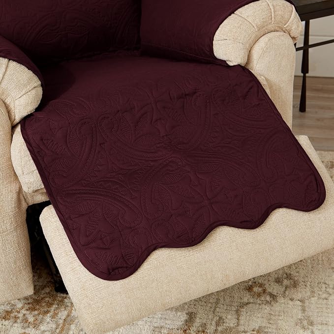 Reversible Recliner Chair Cover - Washable Slipcover Furniture Protector with Elastic Straps - Furniture Cover for Dogs, Kids, and Pets - Quilted & Stitched Detail (Recliner, Wine / Light Grey)