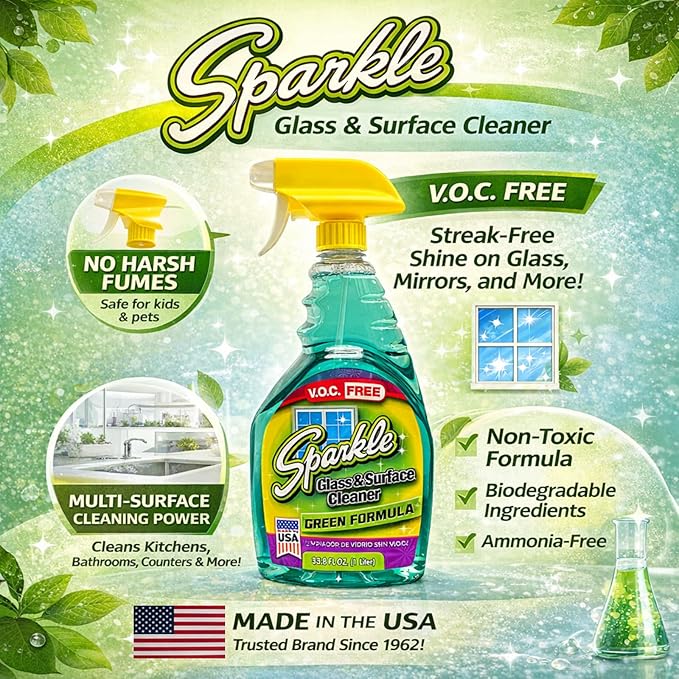 Sparkle Green Formula Glass Cleaner, 33.8 Oz Bottle, 12/Carton