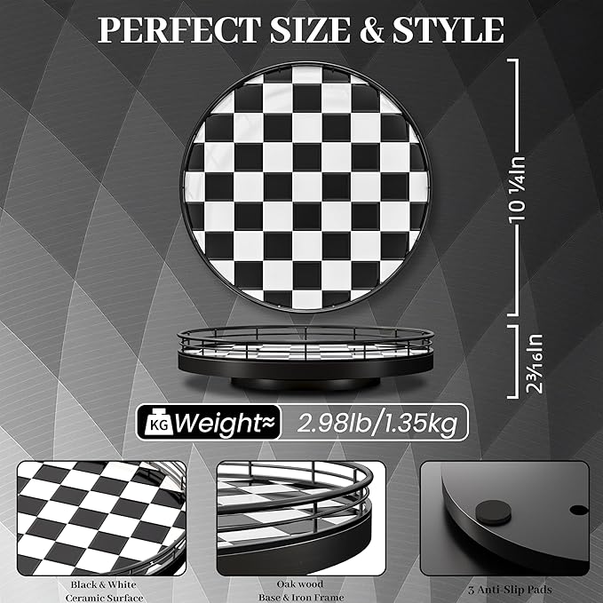 10.2-Inch Black & White Checkerboard Lazy Susan Organizer – Rotating Serving Tray with Oak Base, Iron Frame, & Ceramic Tile –Perfect for Dining Table, Kitchen Cabinet, Bathroom Countertop, Home Décor
