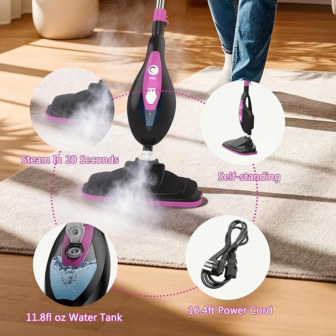 Steam Mop for Floor Cleaning, Handheld Electric Mop Steamer for Home, Hardwood Floor Steamer for Kitchen, Living Room Wood Floor Tile Carpet Clothes Cleaning, Black and Pink