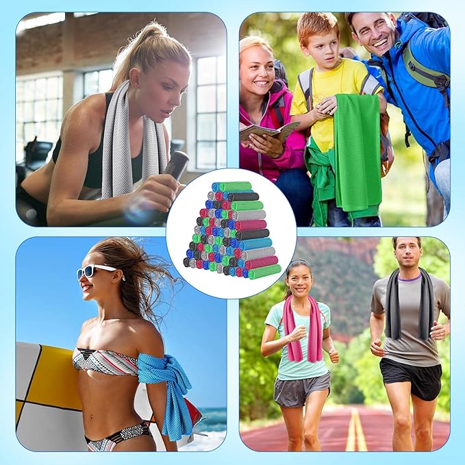 Shellwei 60 Pack Cooling Towels,40"x12" Ice Breathable Soft Chilly Sweat Rag Microfiber Workout Rags for Gym Cooling Towels for Neck and Face for Yoga Golf Sport Running (10 Colors)