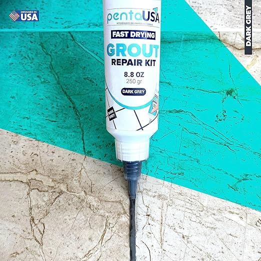 Tile Grout Repair Kit - Premixed Acrylic Sanded Grout for Bathroom, Shower & Kitchen - Repairs, Renews & Restores, Waterproof Formula - 8.8oz / 250gr (Dark Grey)