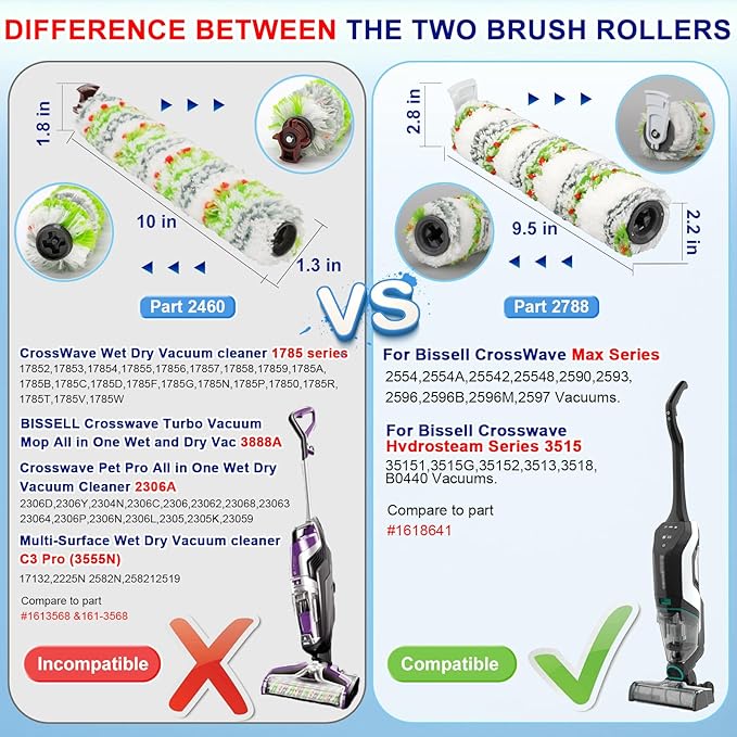 Lemige 3 Pack Multi-Surface Pet Brush Rolls 2788 and 3 Pack Vacuum Filters 1866 for Bissell CrossWave Max 2554 2590 2593 2596 for HydroSteam 35151 3515 35152 3513 3518 Vacuums, Part 1618641 & 1608684