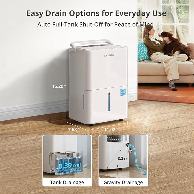 Kesnos 30 Pints Energy Star 2025 Dehumidifier for Spaces Up to 2,500 Sq. Ft, Quiet Dehumidifier for Home, Bedroom, Bathroom, Basement with Drain Hose, Featuring Mutile Mode, Auto Defrost, Timer