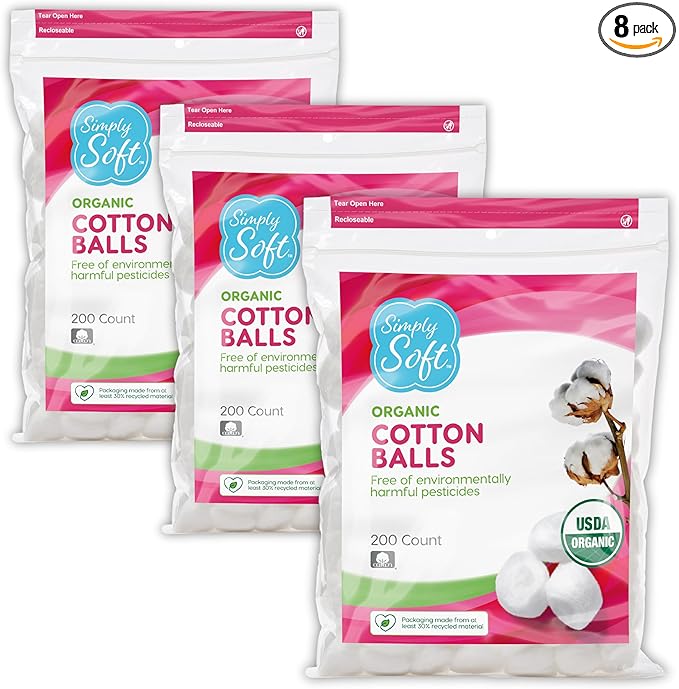 Simply Soft Premium Organic Cotton Balls 100% Pure Cotton, Certified Organic, Hypoallergenic, Large, Soft & Absorbent for Beauty, Cosmetics, Skin Care, Lint Free, 600 Count (Pack of 8)