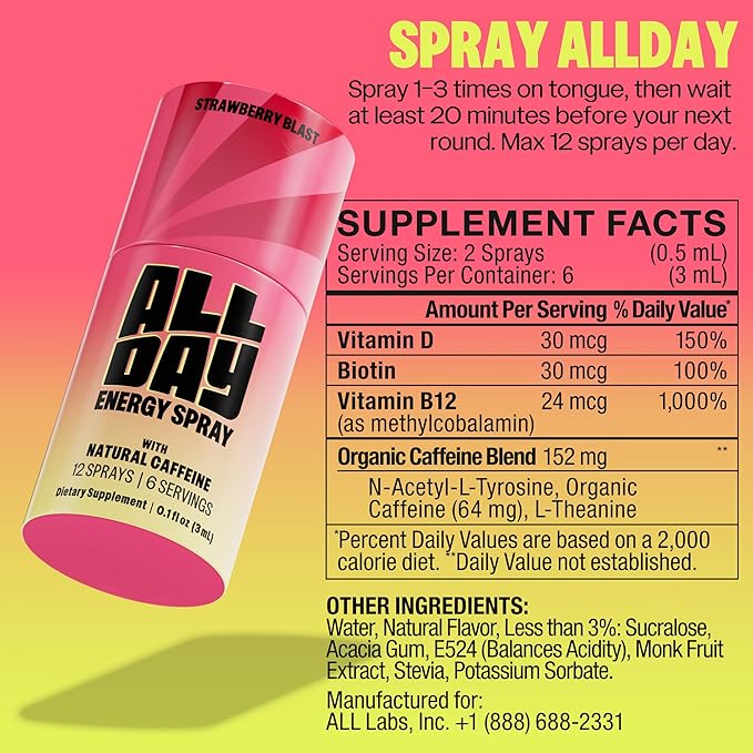 ALLDAY Focus + Energy Spray | Natural Caffeine + L-Theanine + Essential Vitamins | 0 Calorie, 0 Sugar | 12 Spray Bottle | Faster, Cleaner, Smoother Energy (8 Pack Strawberry)