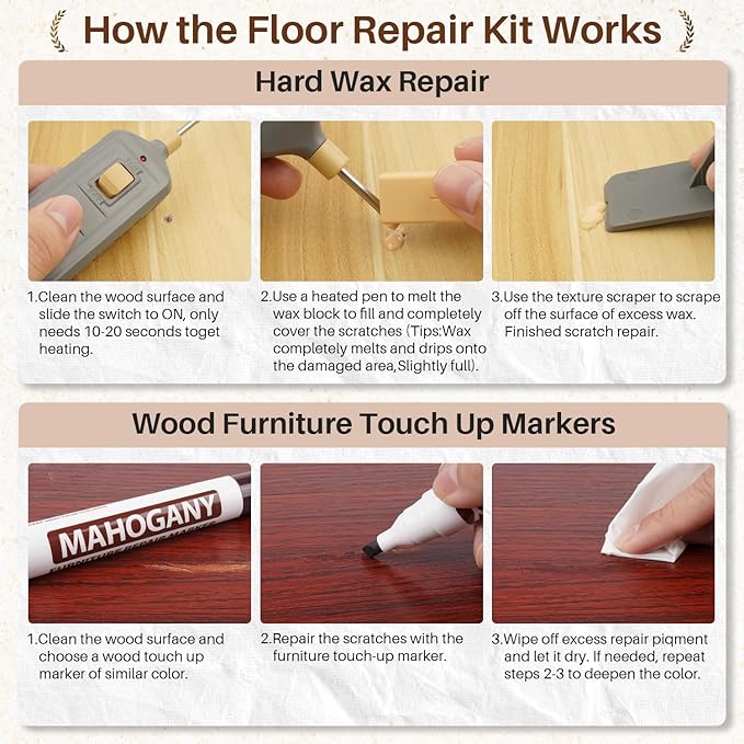 Floor Repair Kit with Heat Pen - 11 Colors Wax Blocks for Quick Wax Melting, Professional Vinyl Laminate Floor Repair Kit, to Restore Scratches, Stains, Cracks, Holes on Floors, Doors, Cabinet