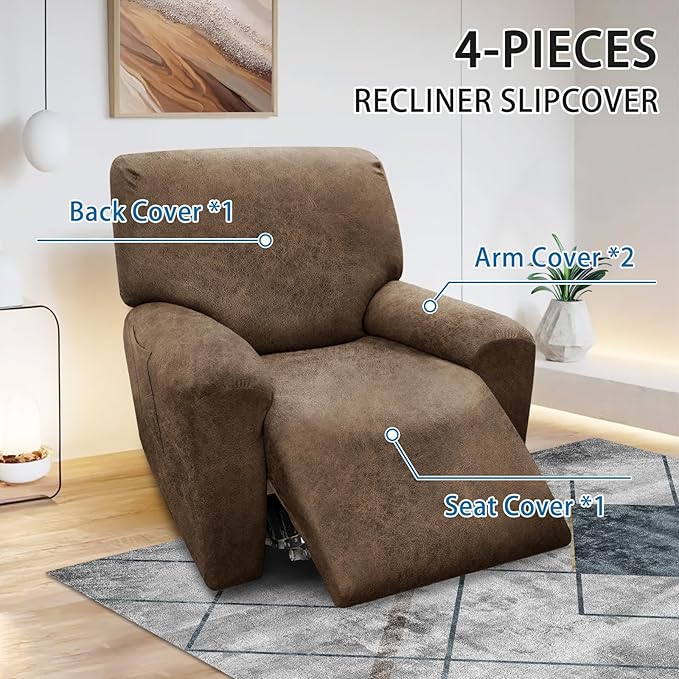 Chair Covers 4-Pieces Recliner Chair Covers 1 Seater Cover for Recliner Chair Leather Look Recliner Slipcovers with Pockets Spandex Fabric Furniture Covers(Recliner, Light Brown)