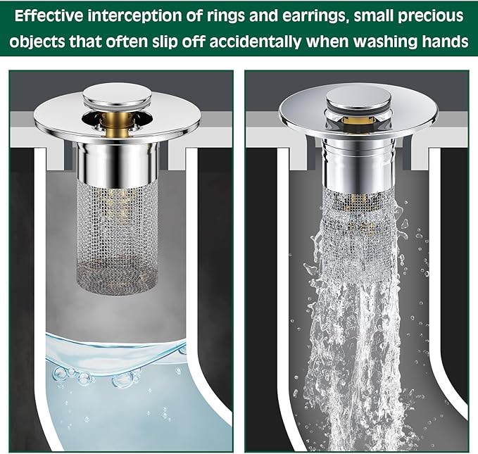 3 in 1 Sink Drain Strainer with Hair Catcher,8PCS Stainless Steel Popup Sink Stopper with Basket for Bathroom Kitchen Shower,Pop-up Bounce Core Floor Basin Drain Filter,Replacement Sink Plug