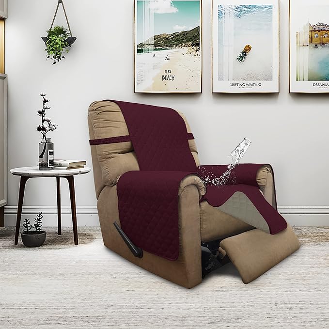 ISSUNTEX Double Protection 100% Waterproof Recliner Covers for Living Room, Reversible Furniture Protector Recliner Couch Sofa Slipcover for Dogs, Pets, Kids (Recliner, Wine/Beige)
