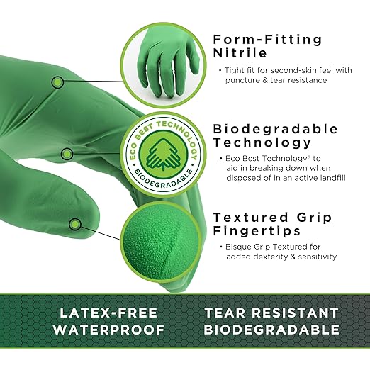SHOWA 6110PF Sustainable EBT Latex-Free, Powder-Free, Nitrile Disposable Single Use Safety Gloves, 4 Mil, 9.5" Length, XX-Large (1 Box/90 Gloves)