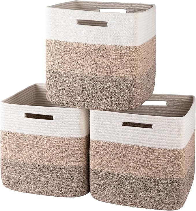 OIAHOMY 13 Kallax Inch Cube Storage Bins, 3-Pack Cotton Rope Woven Baskets for Organizing, Kallax Insert Storage Baskets for Shelves, Baby Nursery, Closet Organizer, 13 * 13 * 12.6IN, Gradient Brown