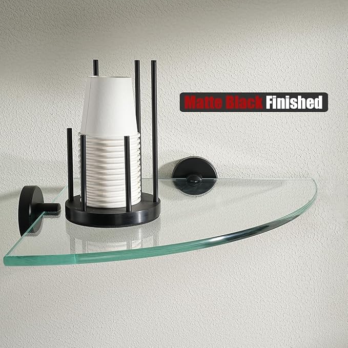 JQK Corner Glass Shelf Black, Bathroom 304 Stainless Steel Shower Triangle Floating Wall Shelf, 10 x 10 Tempered Glass, 2 Pack, TGS190L10-PB-P2