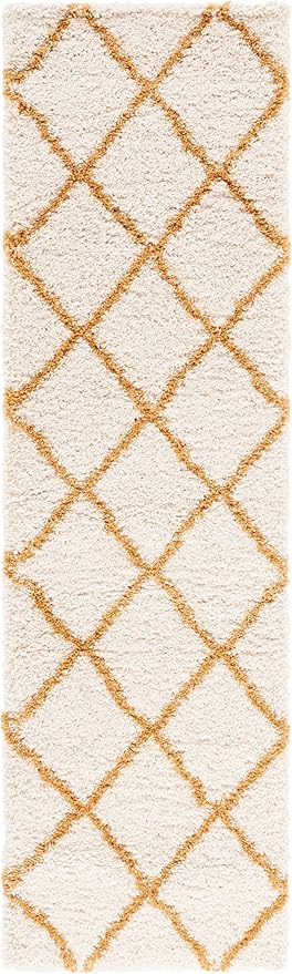 SAFAVIEH Hudson Shag Collection Runner Rug - 2'3" x 8', Ivory & Gold, Trellis Design, Non-Shedding & Easy Care, 2-inch Thick, Ideal for The Entryway, Living Room, Foyer, Bedroom (SGH281E)
