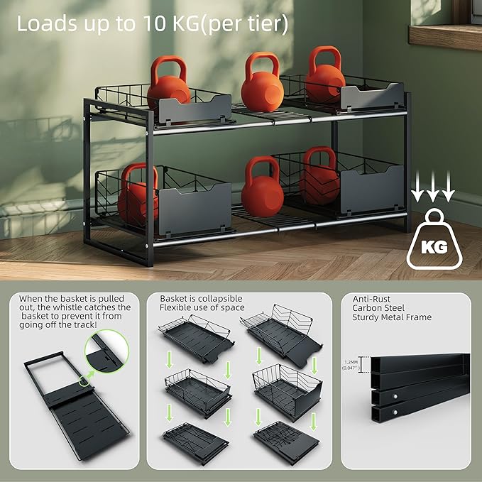 Adjustable Under Sink Organizers and Storage — Expandable Cabinet Storage Shelf with 4 Pull Out Baskets