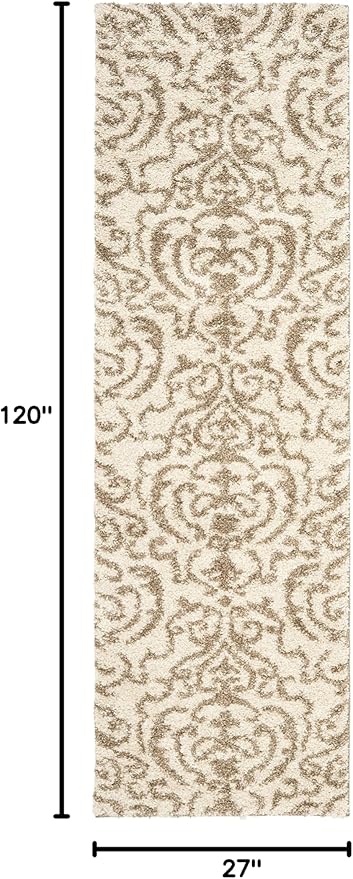 SAFAVIEH Florida Shag Collection Runner Rug - 2'3" x 10', Cream & Beige, Damask Design, Non-Shedding & Easy Care, 1.2-inch Thick Ideal for High Traffic Areas in Living Room, Bedroom (SG462-1113)