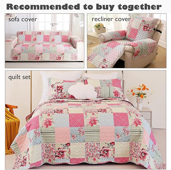Cmfshape Skidproof Sofa Cover-Patchwork Sofa Slipcover with Elastic Straps-Easy Fit Slip Cover-Rose Washable Furniture Protector for Pets and Kids(Sofa,Pink&Grey)