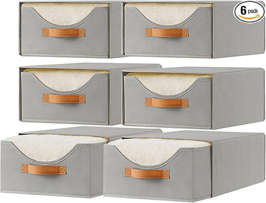 6 Pcs 16.5" Closet Drawers and Large Size Clothes Storage Bins Push-Out Storage Stackable Shelf Drawers with See-Through Window Closet Organizers for Bedroom, Living Room, Under Bed, Grey