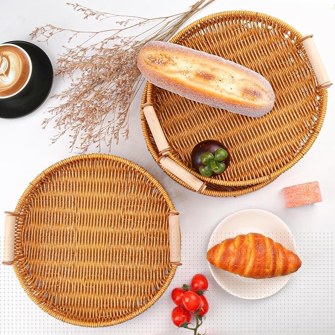 4 Pack 10.8 inch Round Rattan Tray, Round Woven Serving Basket with Handles, Storage Rattan Serving Trays for Home, Restaurant & Hotel Use, Durable & Easy-Cleaning