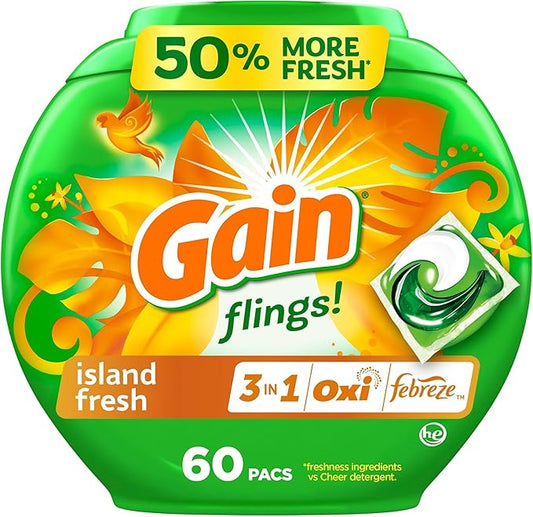 Gain Flings Laundry Detergent Pacs, 60 Count, Island Fresh Scent, with Odor Defense, concentrated laundry soap pacs