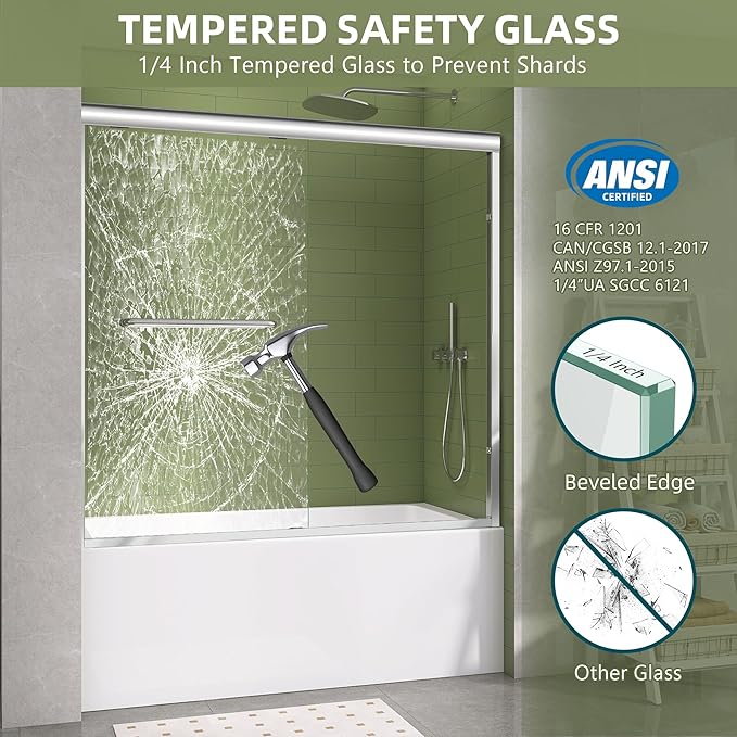 GETPRO Tub Shower Door 56-60 in. W x 58 in. H Semi-Frameless Bypass Double Sliding Bathroom Glass Tub Door,1/4 inch Clear Tempered Glass Bathtub Door Chrome Finish