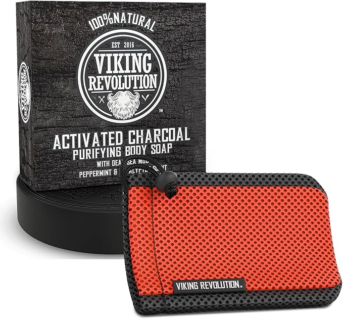 Viking Revolution Soap Bag (5.9"x3.7", 1 Piece) and Skin Cleaning Activated Charcoal Soap for Men, Peppermint & Eucalyptus Scent with Dead Sea Mud (6 Oz) - Body and Face Cleanser