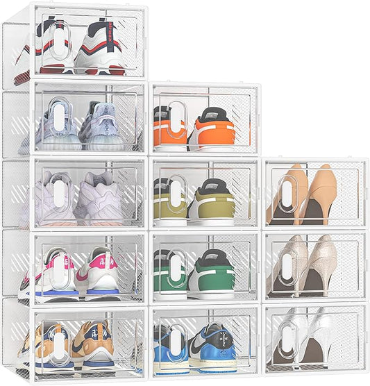 Shoe Storage, 12 Pack Shoe Organizer for Closet, Shoe Boxes Clear Plastic Stackable Shoe Containers with Lids for Size 10