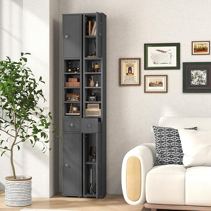 71" Tall Narrow Bathroom Storage Cabinet, Modern Skinny Toilet Paper Storage Organizer w/1 Drawer, 2 Doors & 5 Adjustable Shelves, Slim Tower Floor Cabinets for Small Spaces