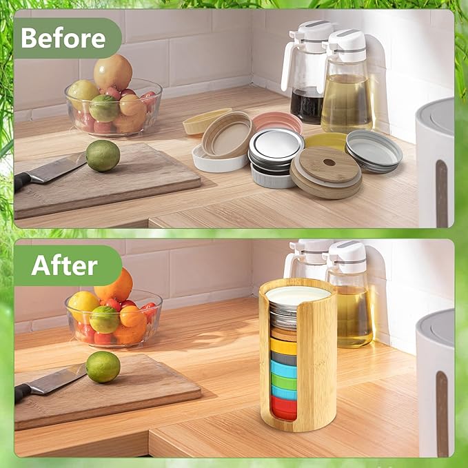 Mason Jar Lid Organizer (2pcs), Mason Jar Lid Storage Made of Bamboo, Suitable for Mason/Canning/Bamboo Lids(WIDE/REGULAR), Fit Perfectly, Stackable Steady